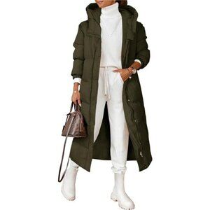 Women's Long Quilted Coat Winter Hooded Button Down Puffer Padded Jacket